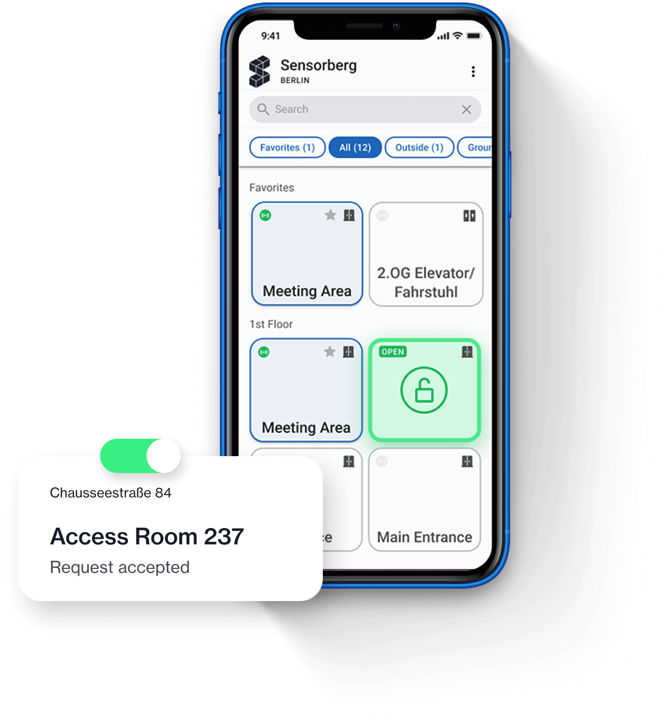 A graphic showing Sensorberg One Access App granting access to a room