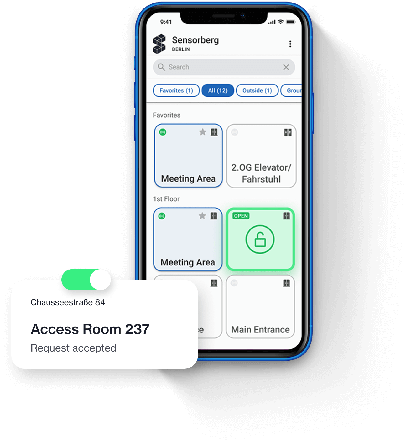 Eine Grafik zeigt die Sensorberg One Access App, die den Zugang zu einem Raum gewährt