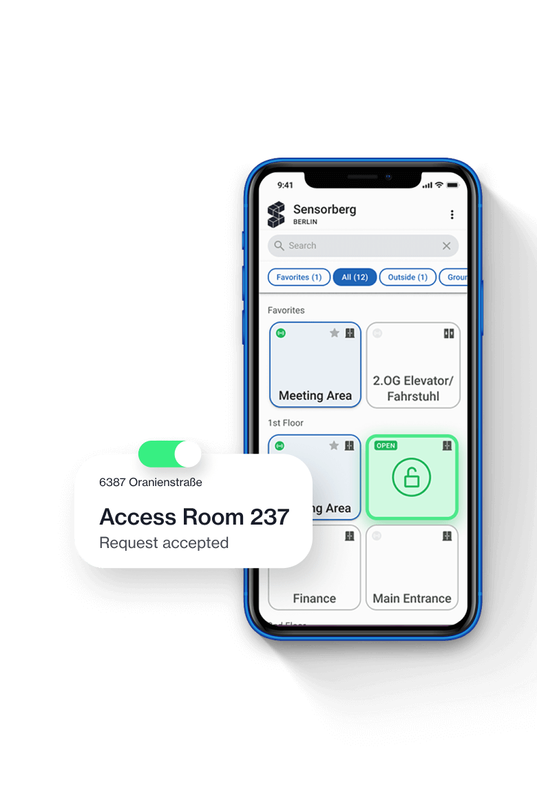 Eine Grafik zeigt die Sensorberg One Access App, die den Zugang zu einem Raum gewährt