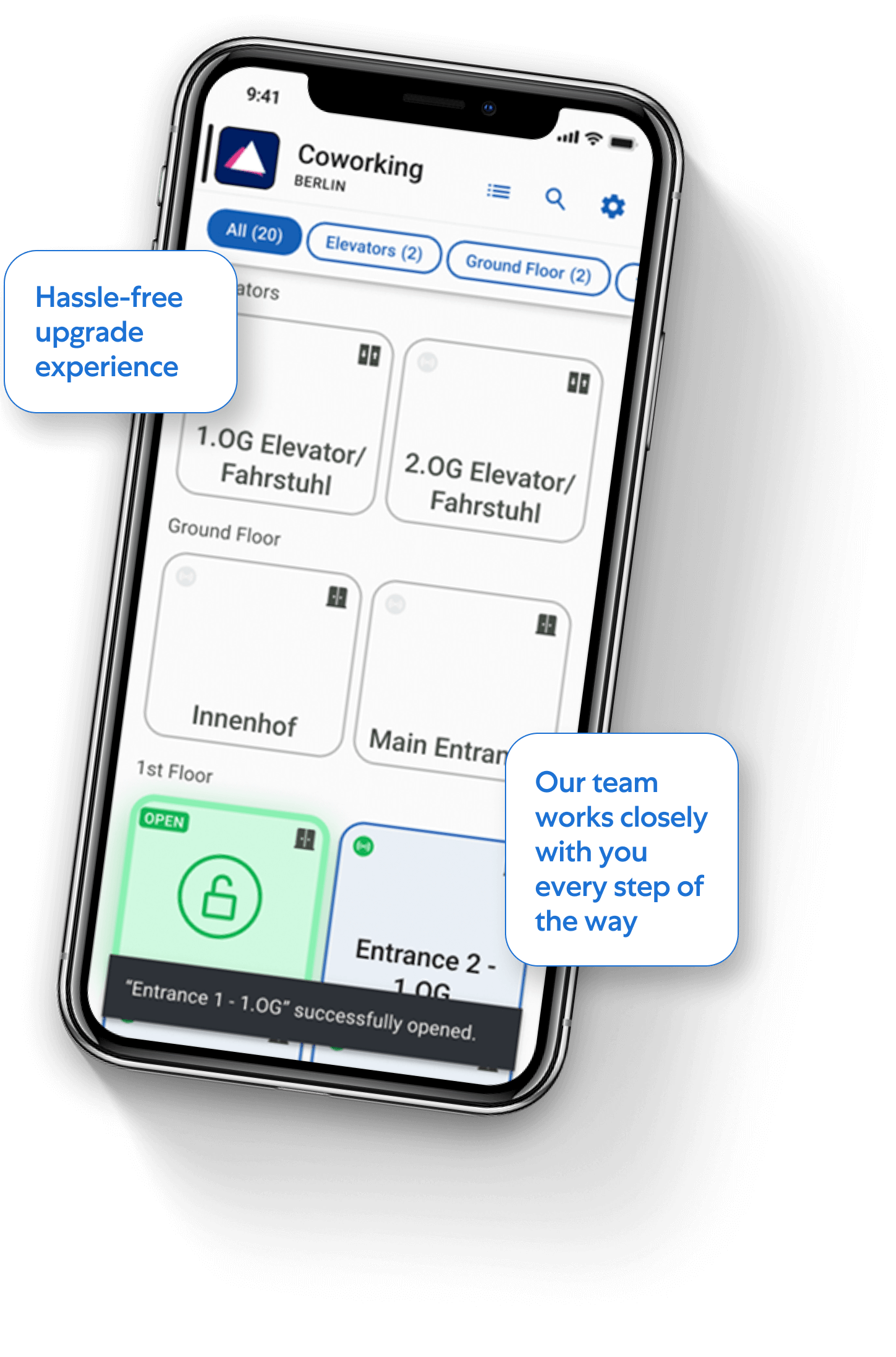 Eine Grafik, die zeigt, wie die Sensorberg One Access App den Zugang zu einem Raum gewährt