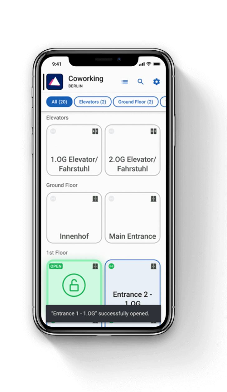 A graphic showing Sensorberg One Access App granting access to a room