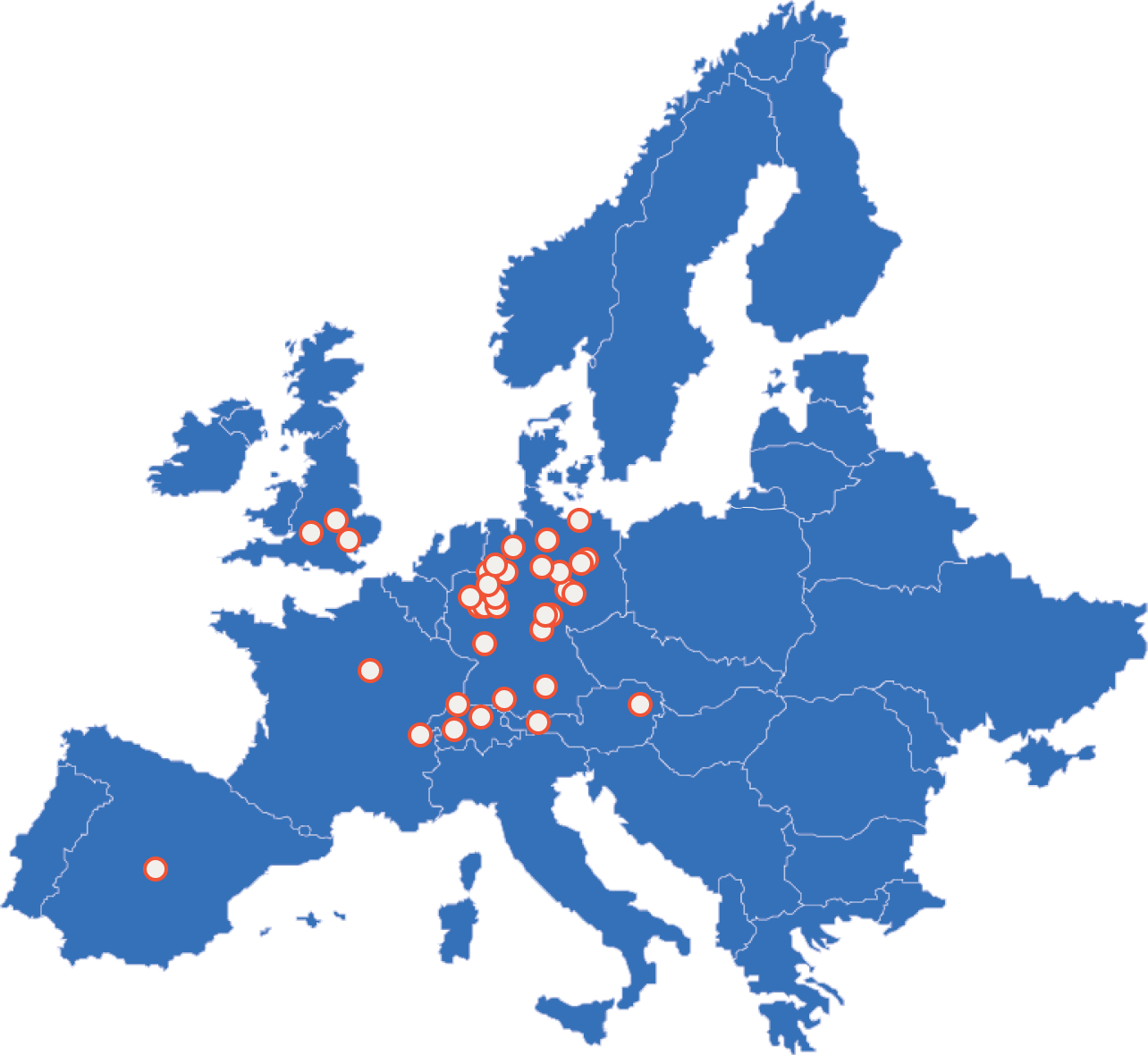 Map of Europe with locations of customers