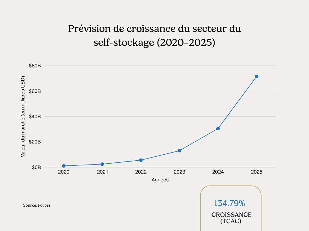 Graphique montrant la croissance du marché de l'industrie du self-stockage de 2020 à 2025, avec un taux de croissance annuel composé (TCAC) prévu de 134,79 % et une expansion rapide sur les marchés européens.