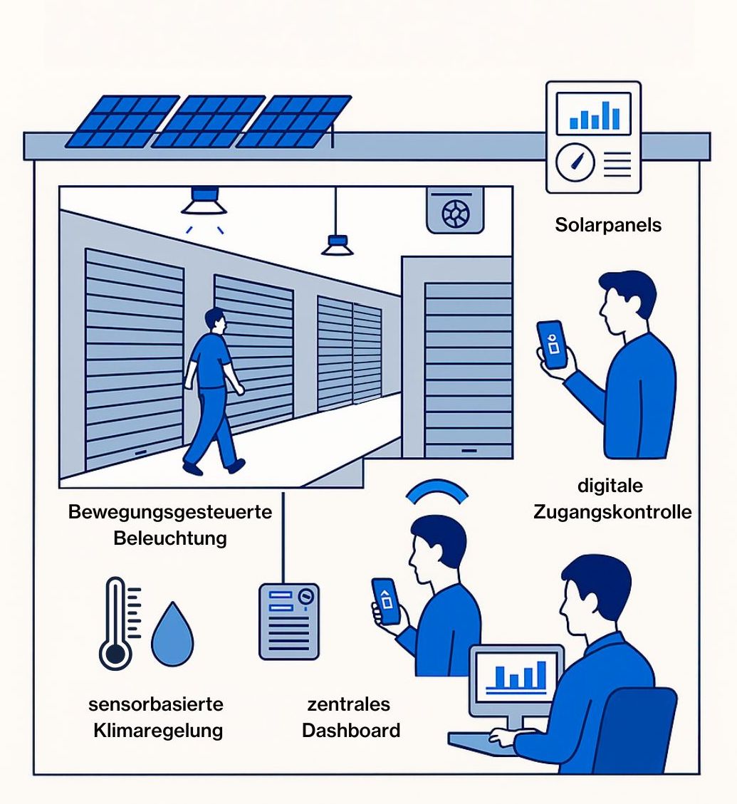 Zugangskontrolle mit smarter Beleuchtung, Klimasensoren, PV und Dashboard für Energieeinsparungen und Effizienzsteigerung.