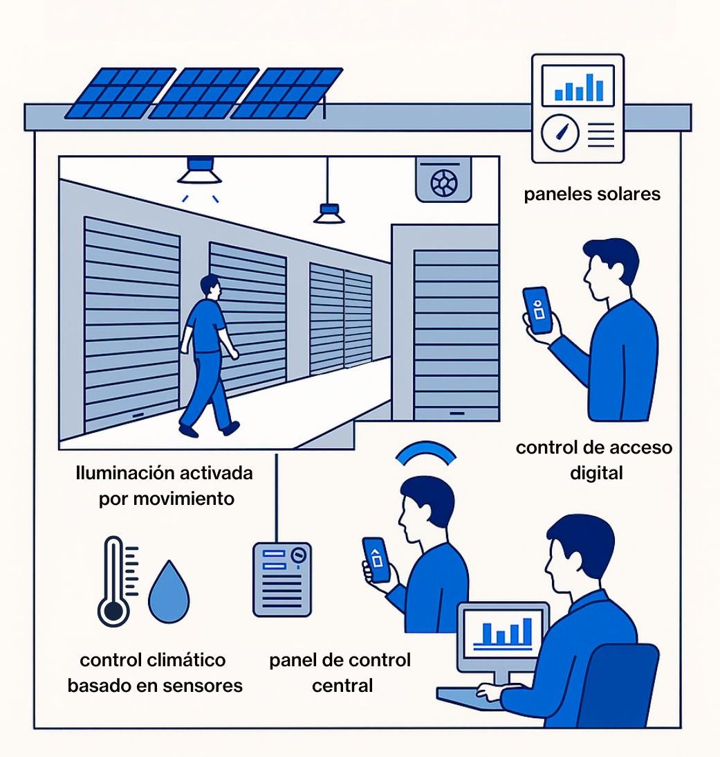 Control de acceso en autoalmacenaje con iluminación inteligente, sensores climáticos, energía fotovoltaica y panel de control para ahorro energético y mayor eficiencia.