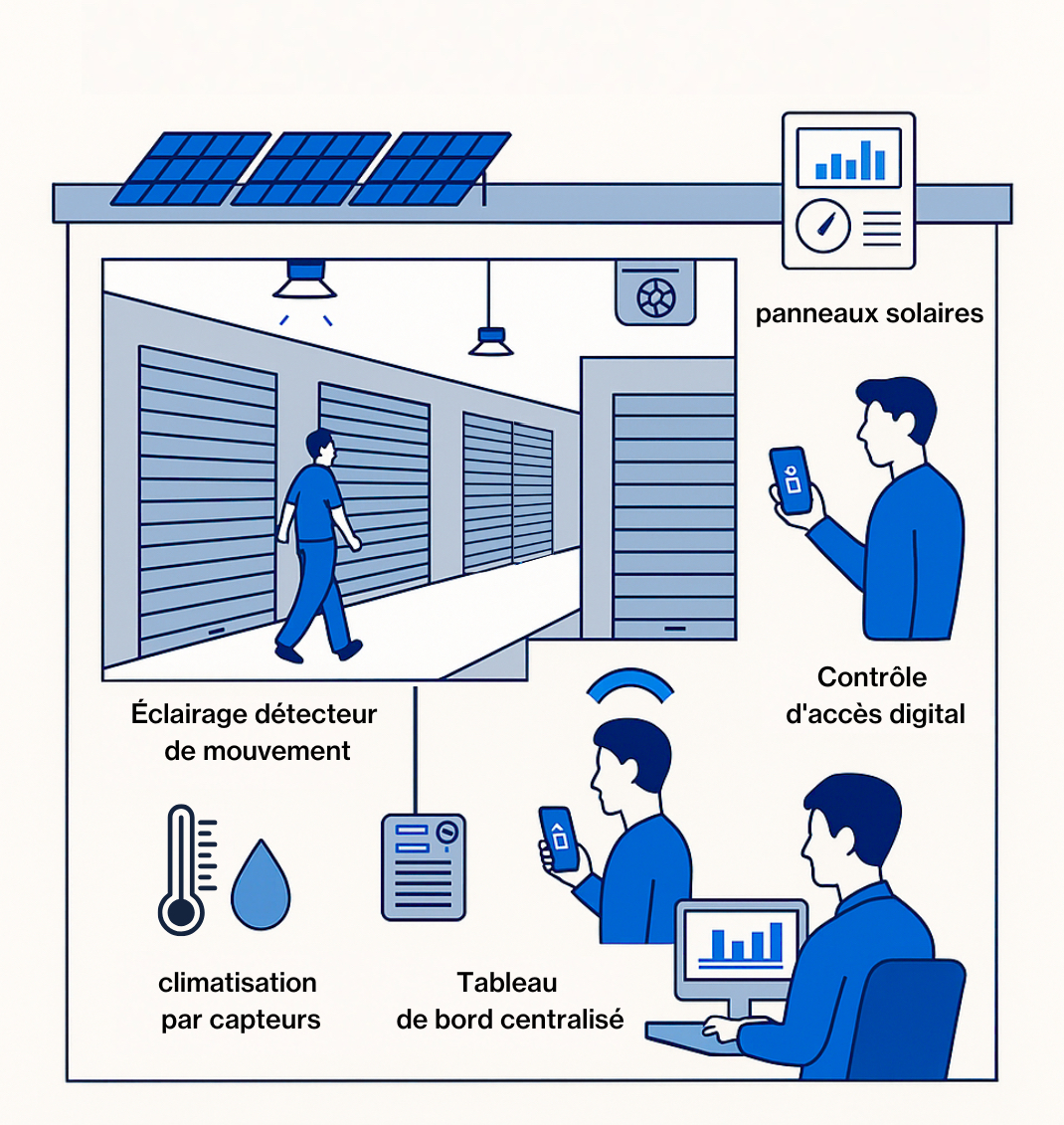 Contrôle d’accès pour self-stockage avec éclairage intelligent, capteurs climatiques, panneaux photovoltaïques et tableau de bord pour des économies d’énergie et une efficacité accrue.