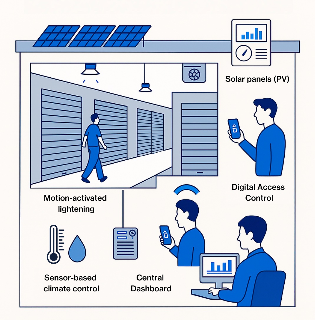 Access control self storage with smart lighting, climate sensors, PV, and dashboard for energy savings and improved efficiency.